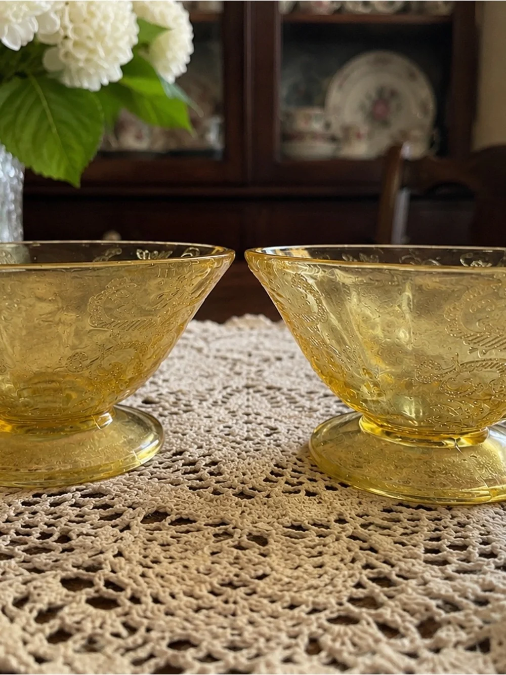 Vintage Amber Pressed Glass Footed Sherbet Dessert Bowls Set of 2 Floral Scroll